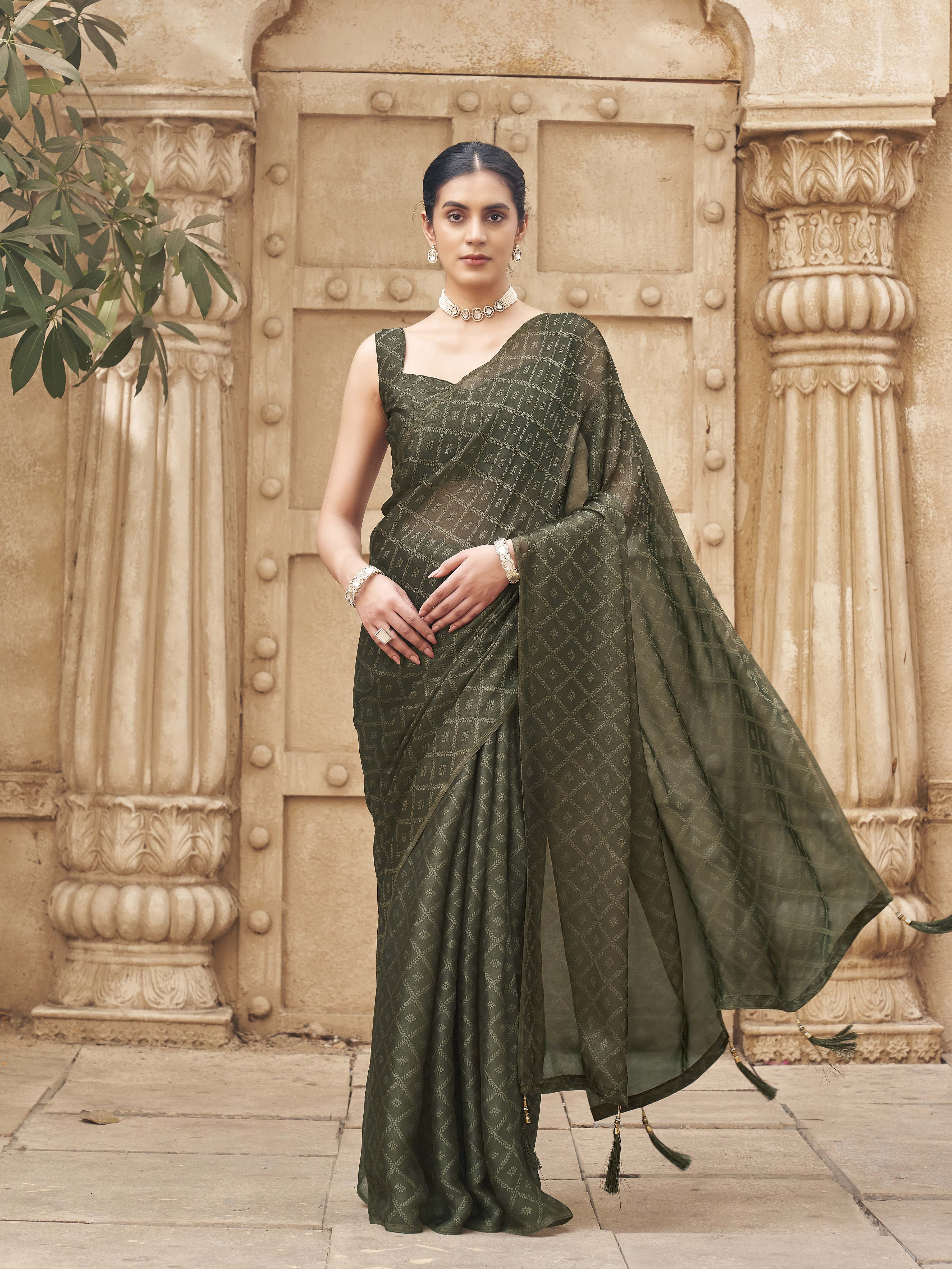 Ready to wear olive colored woven saree perfect for haldi functions