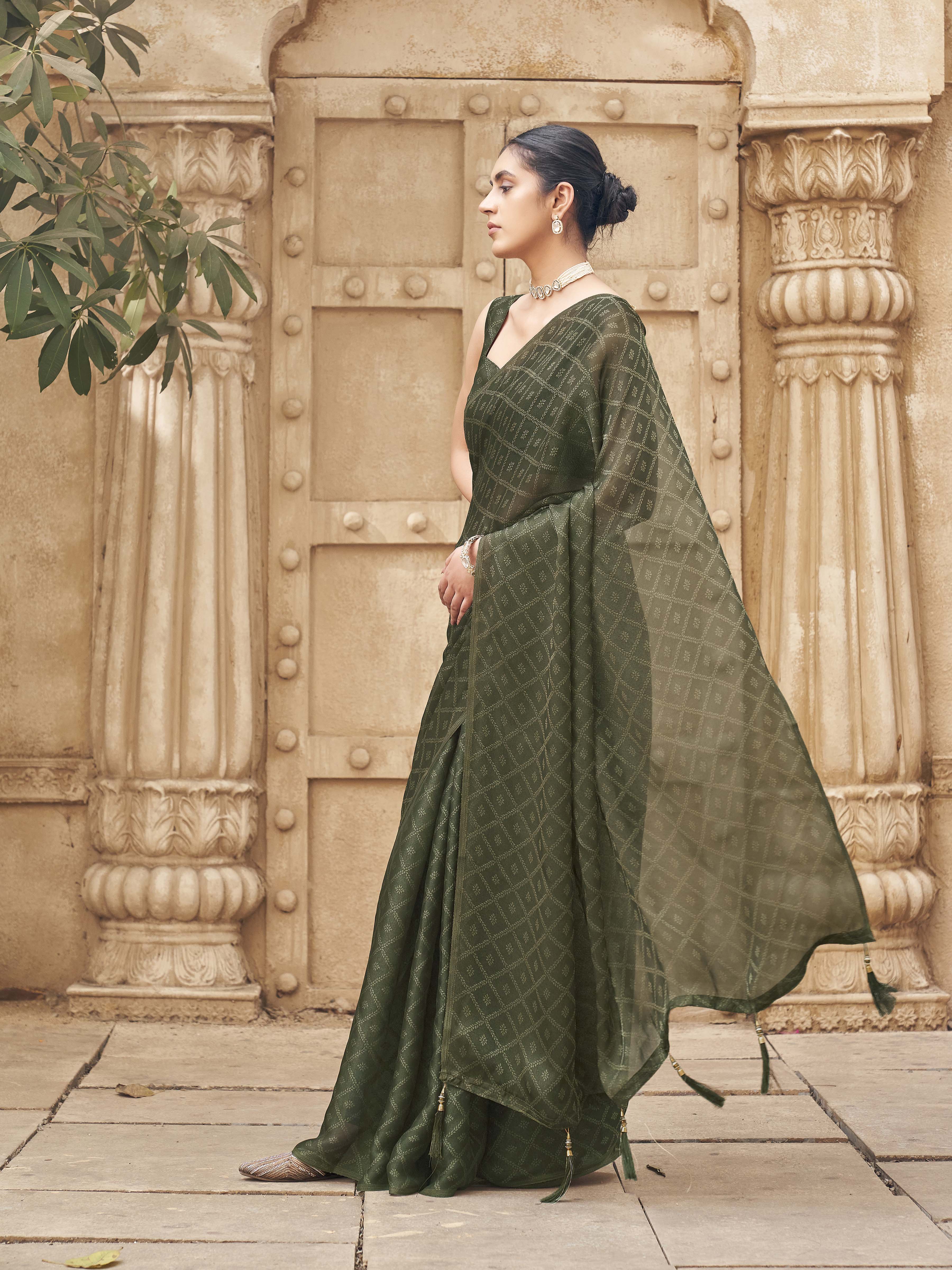 Ready to wear olive colored woven saree perfect for haldi functions