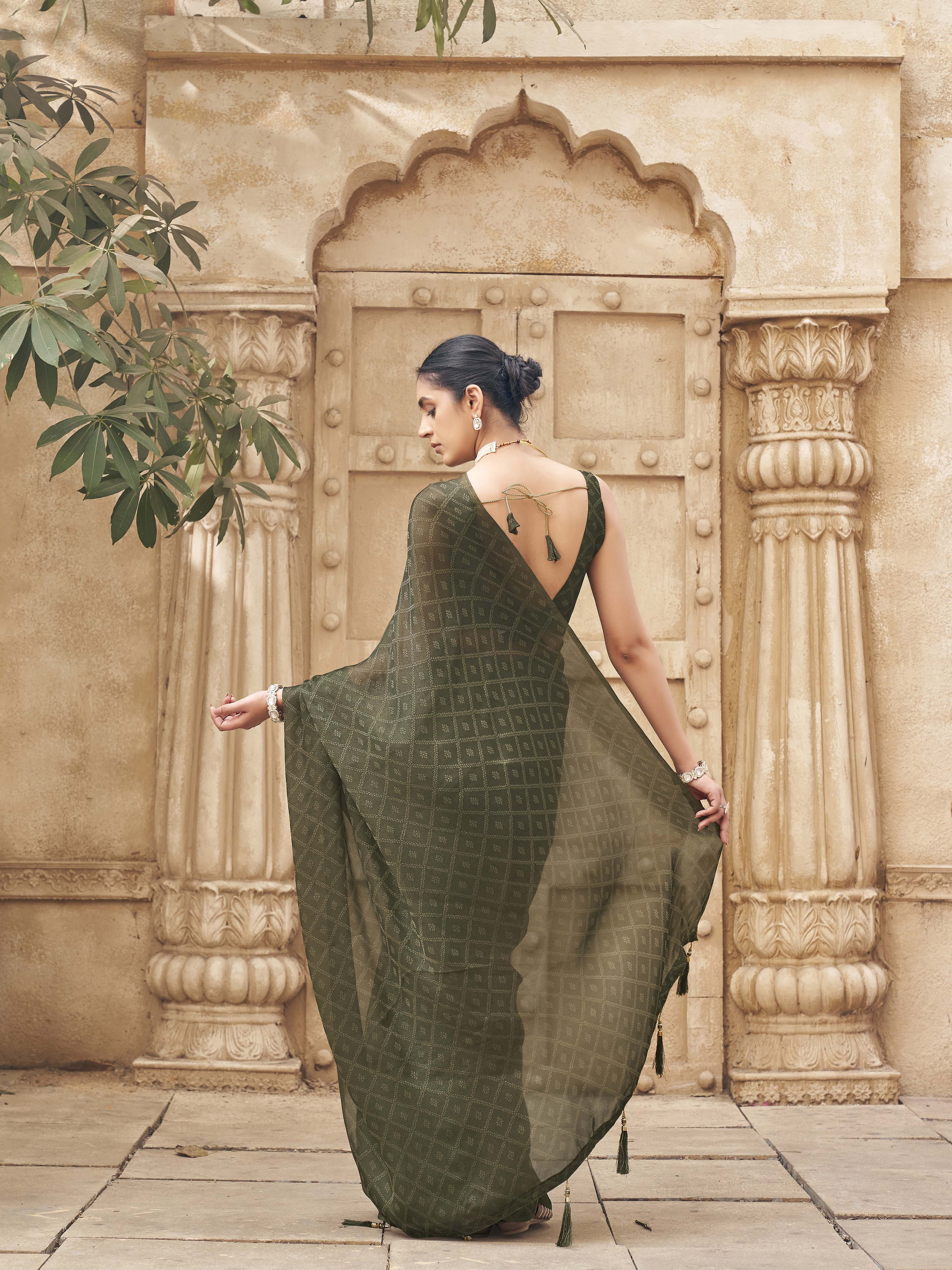 Ready to wear olive colored woven saree perfect for haldi functions