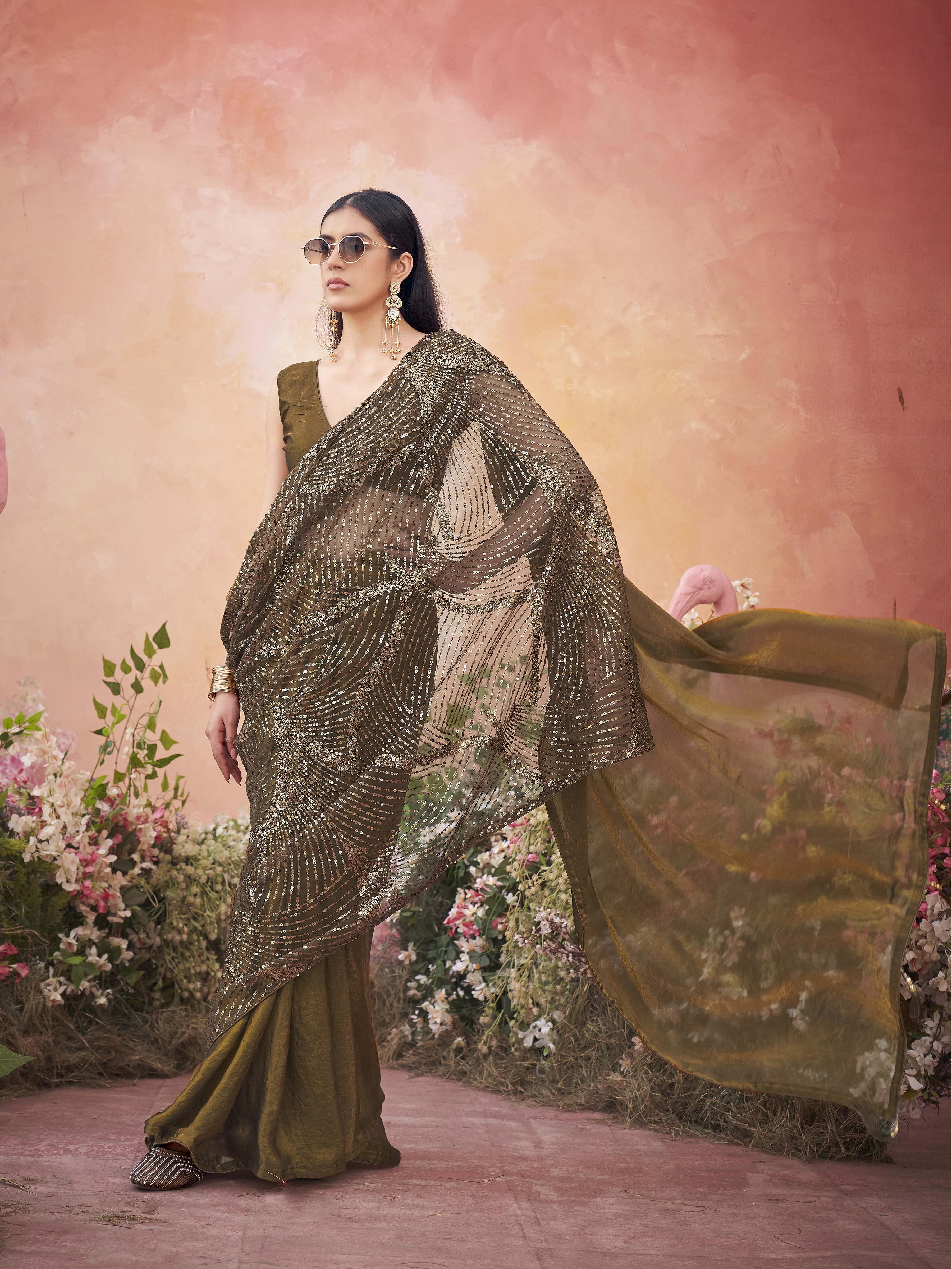 Two tone gold colored designer sequin embroidered saree
