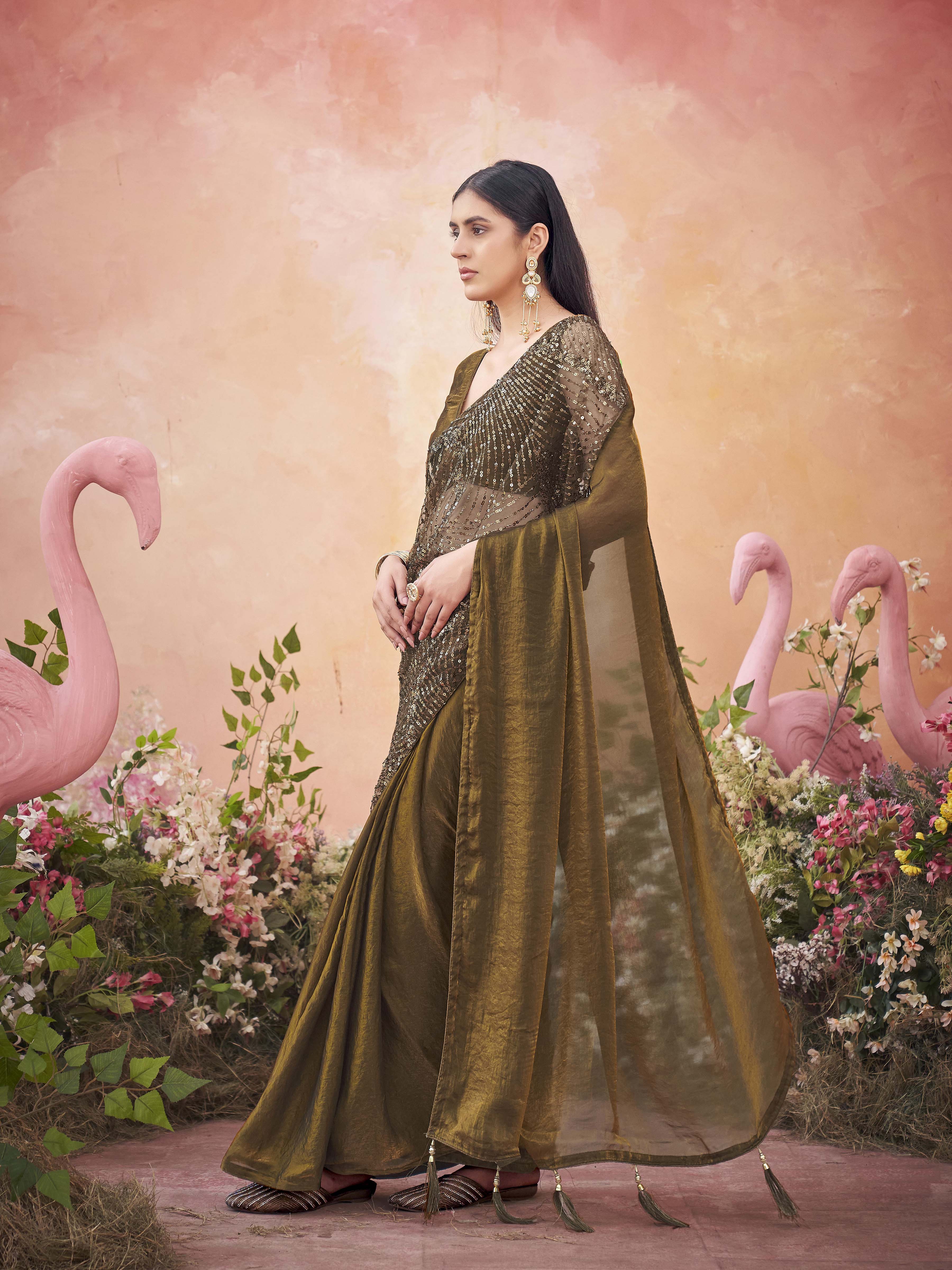 Two tone gold colored designer sequin embroidered saree
