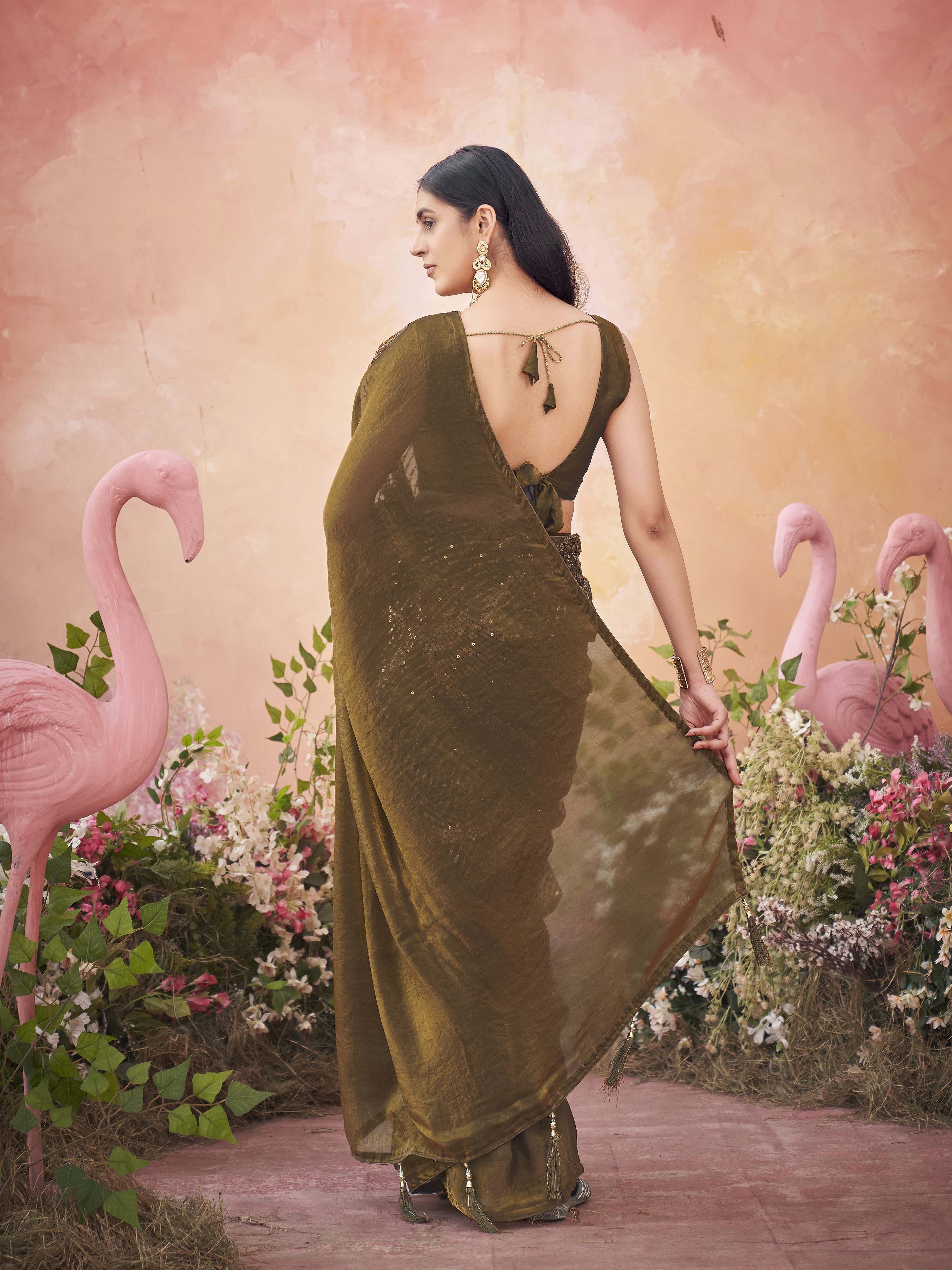 Two tone gold colored designer sequin embroidered saree