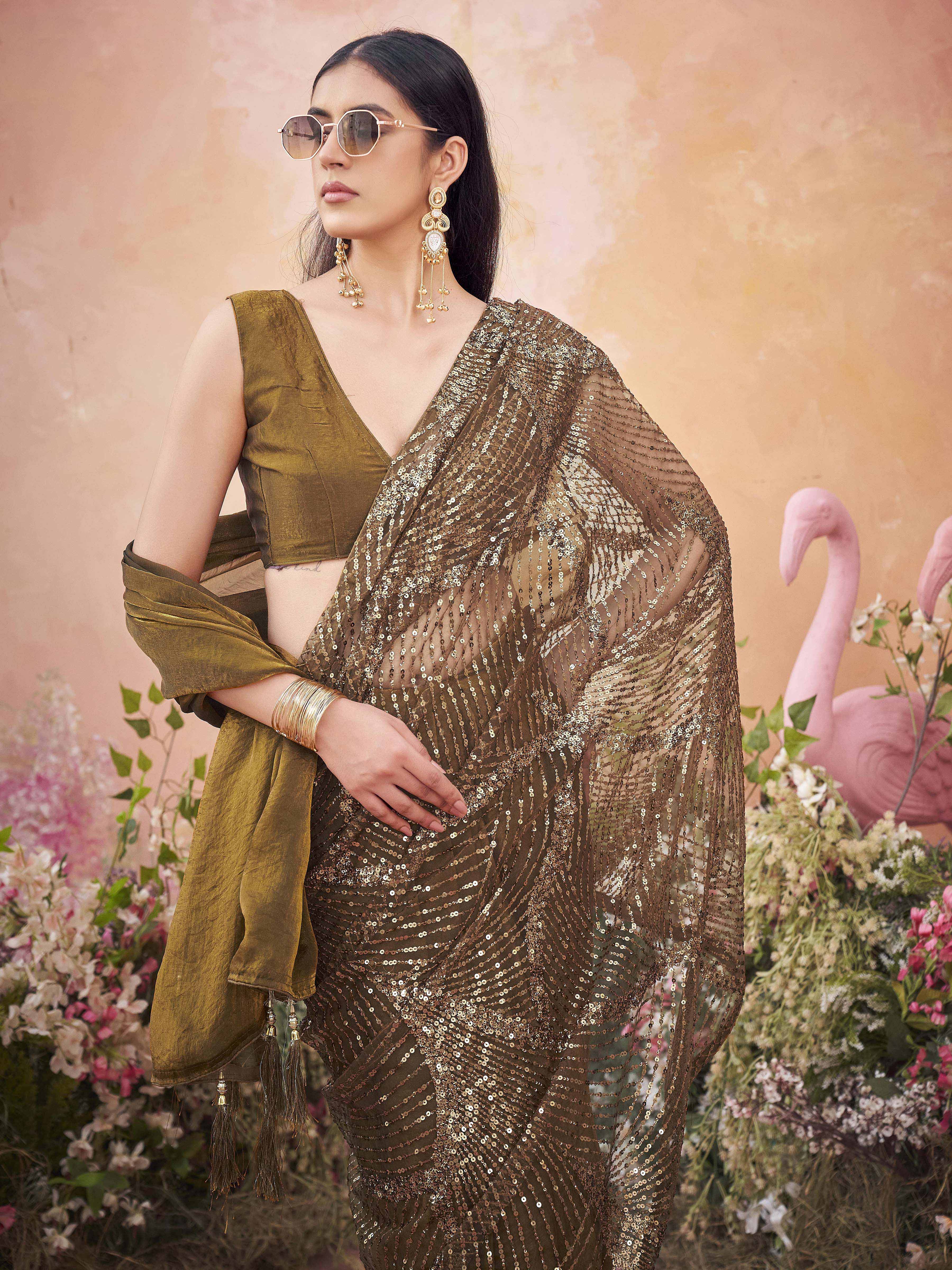 Two tone gold colored designer sequin embroidered saree