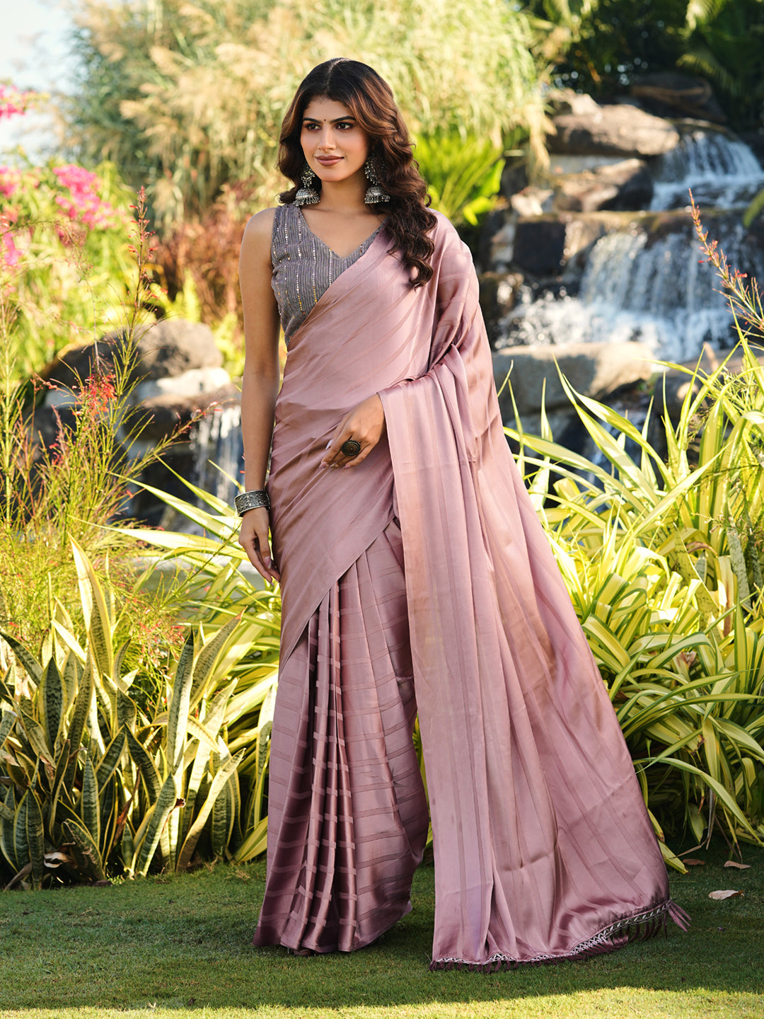 Ready to wear metallic pink saree with lycra blouse
