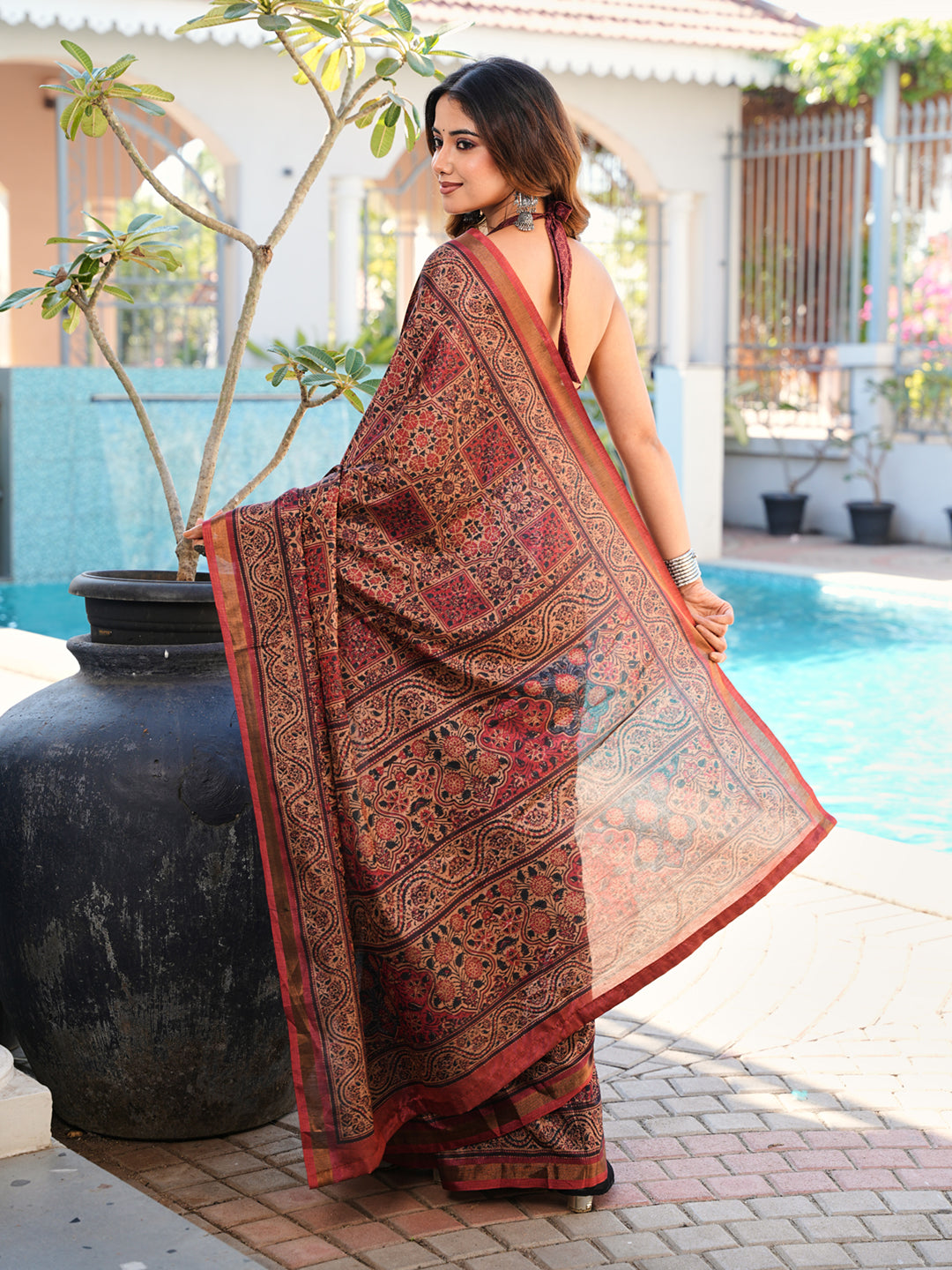Ready to wear ajrak print art silk saree