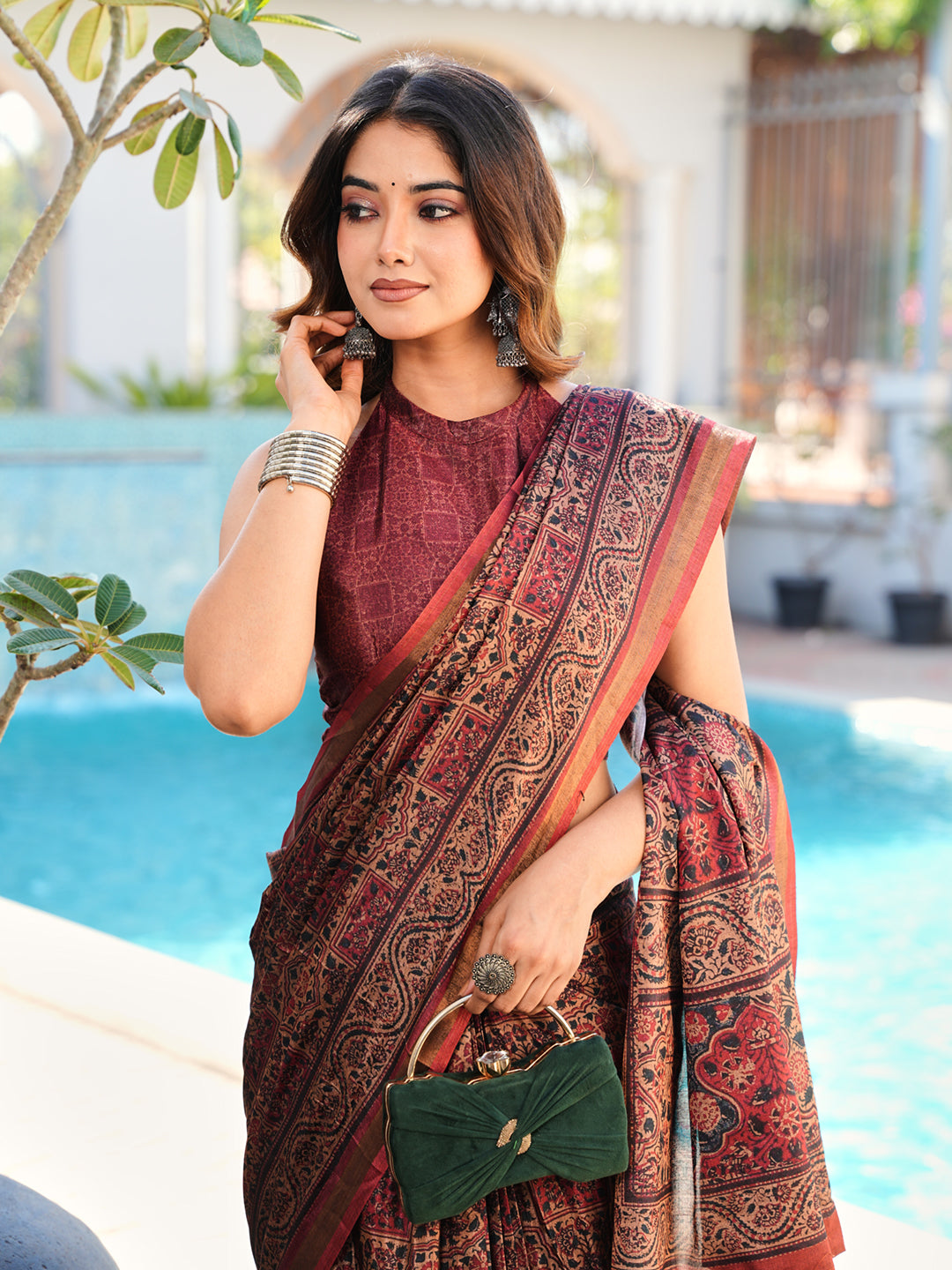 Ready to wear ajrak print art silk saree