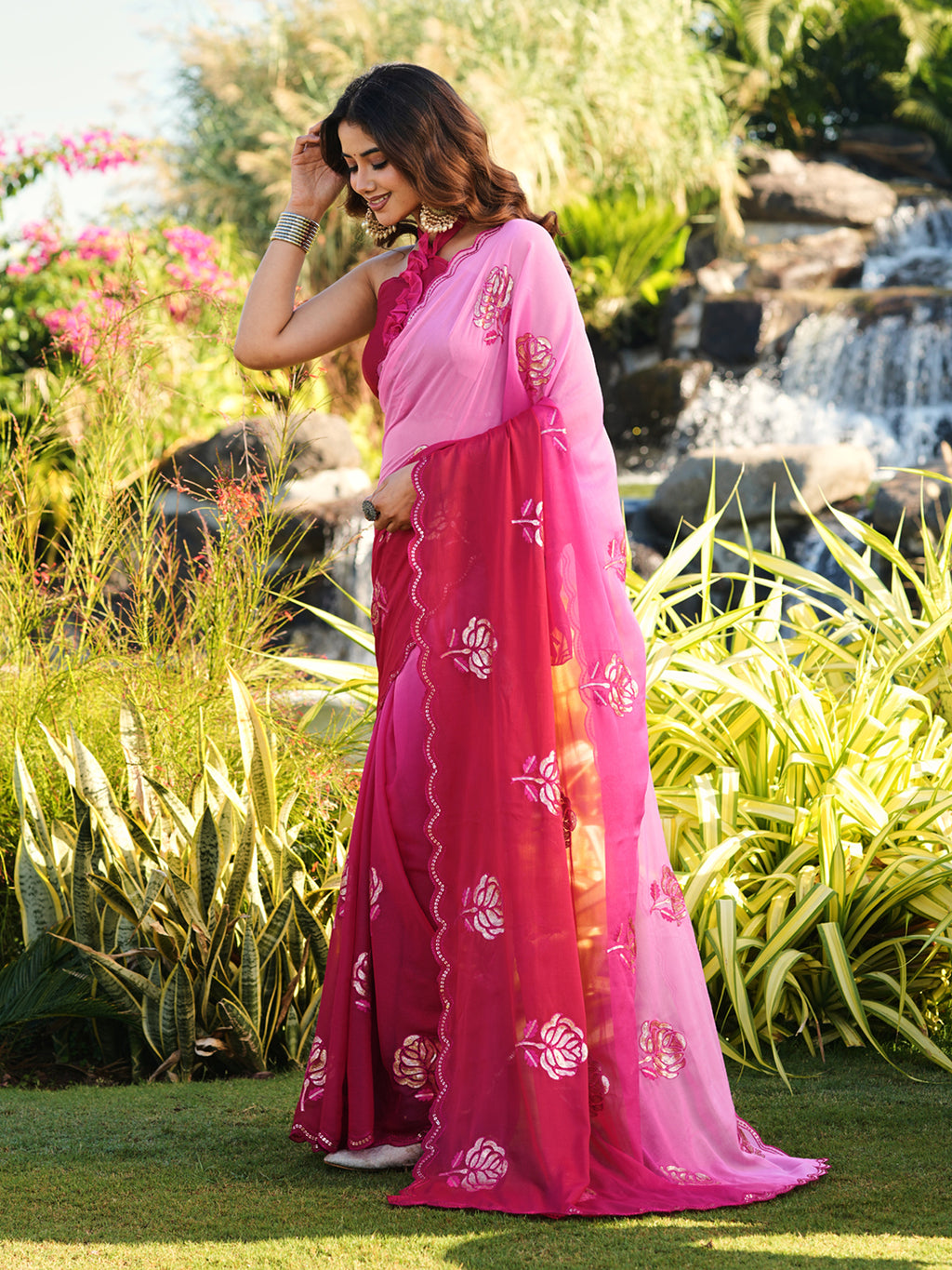 Ombre saree with sequin embroidery butta and scalloped border