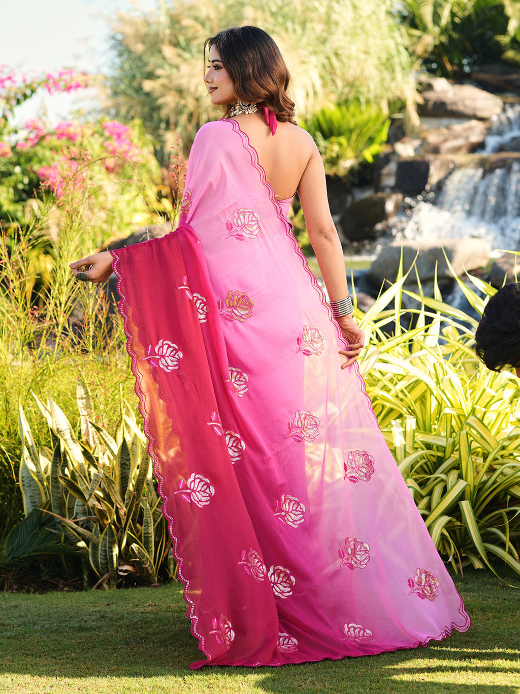 Ombre saree with sequin embroidery butta and scalloped border