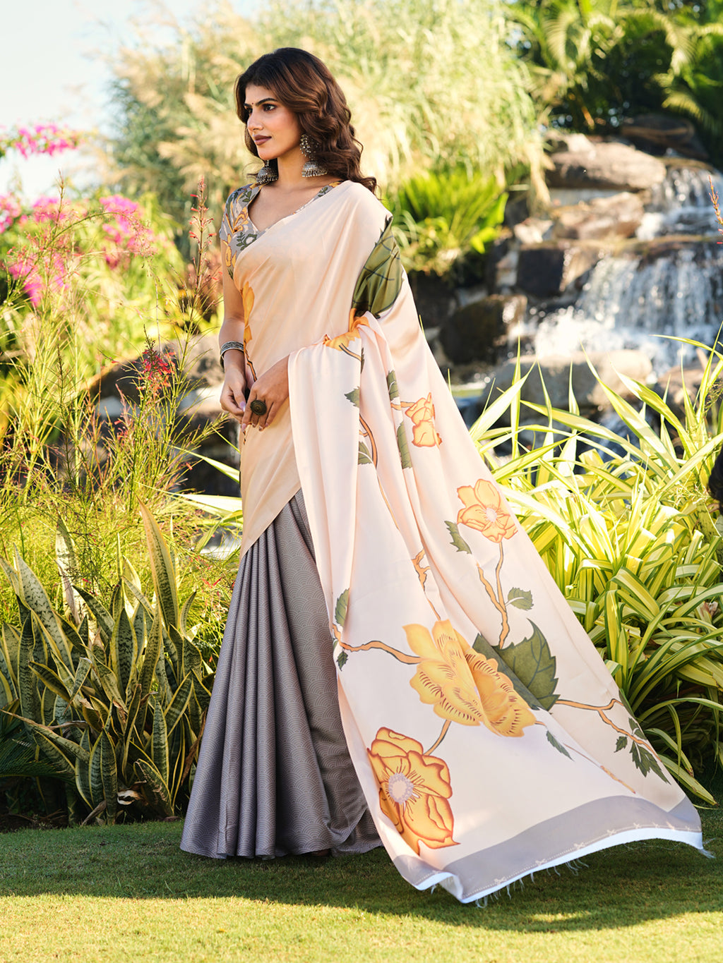 Grey and yellow half and half digitat printed satin saree