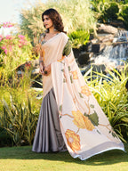 Grey and yellow half and half digitat printed satin saree