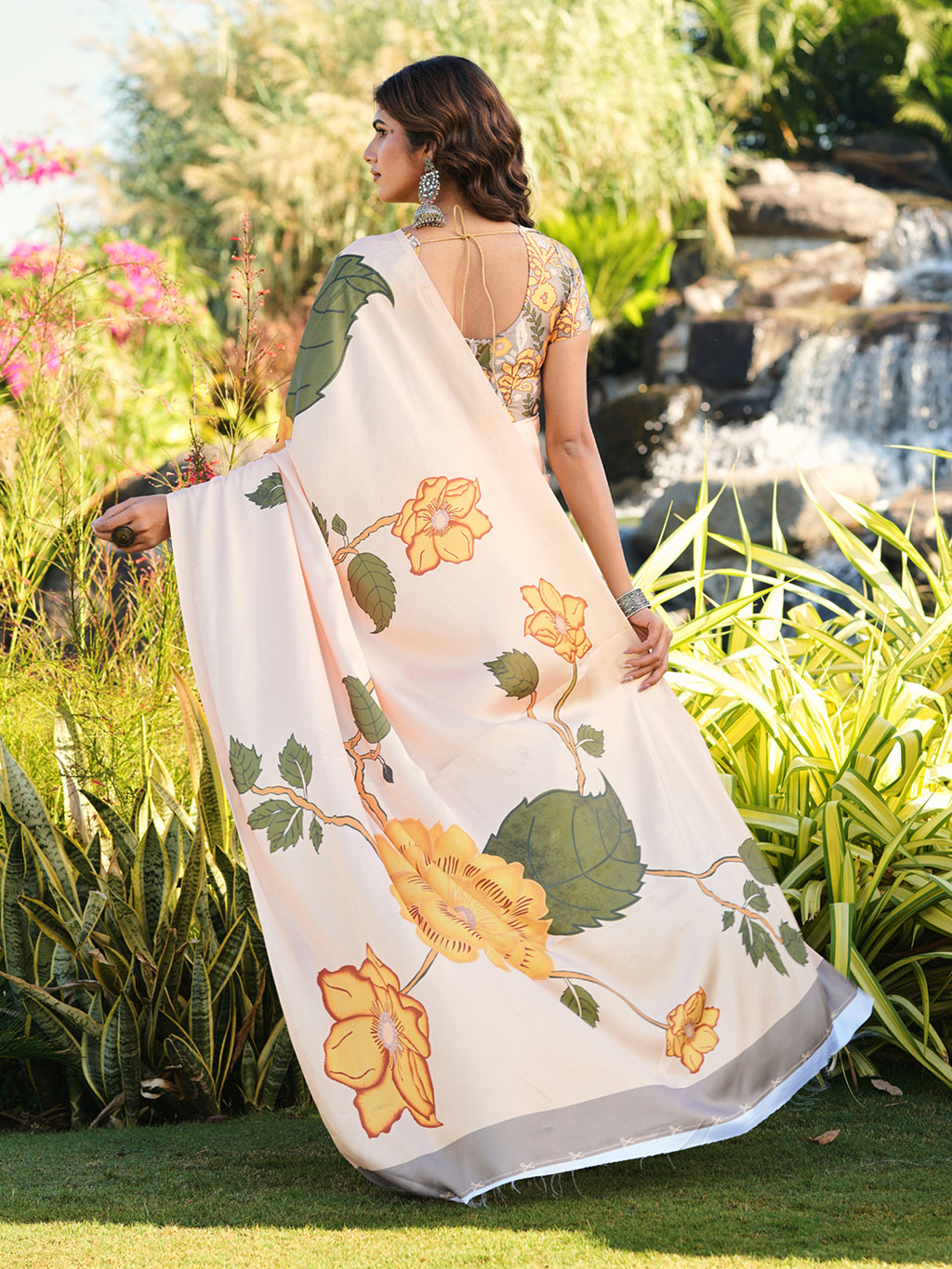 Grey and yellow half and half digitat printed satin saree