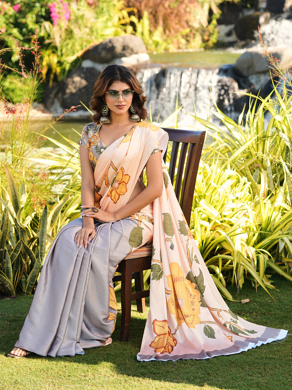 Grey and yellow half and half digitat printed satin saree
