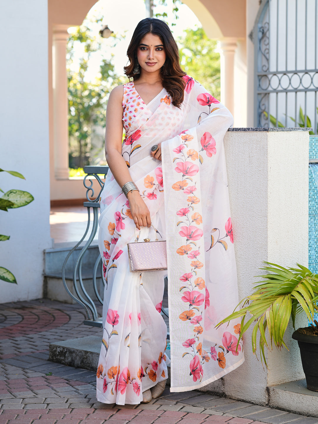 Ready to wear white multicolored floral poly cotton saree