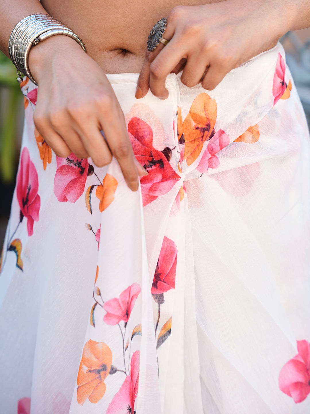 Ready to wear white multicolored floral poly cotton saree