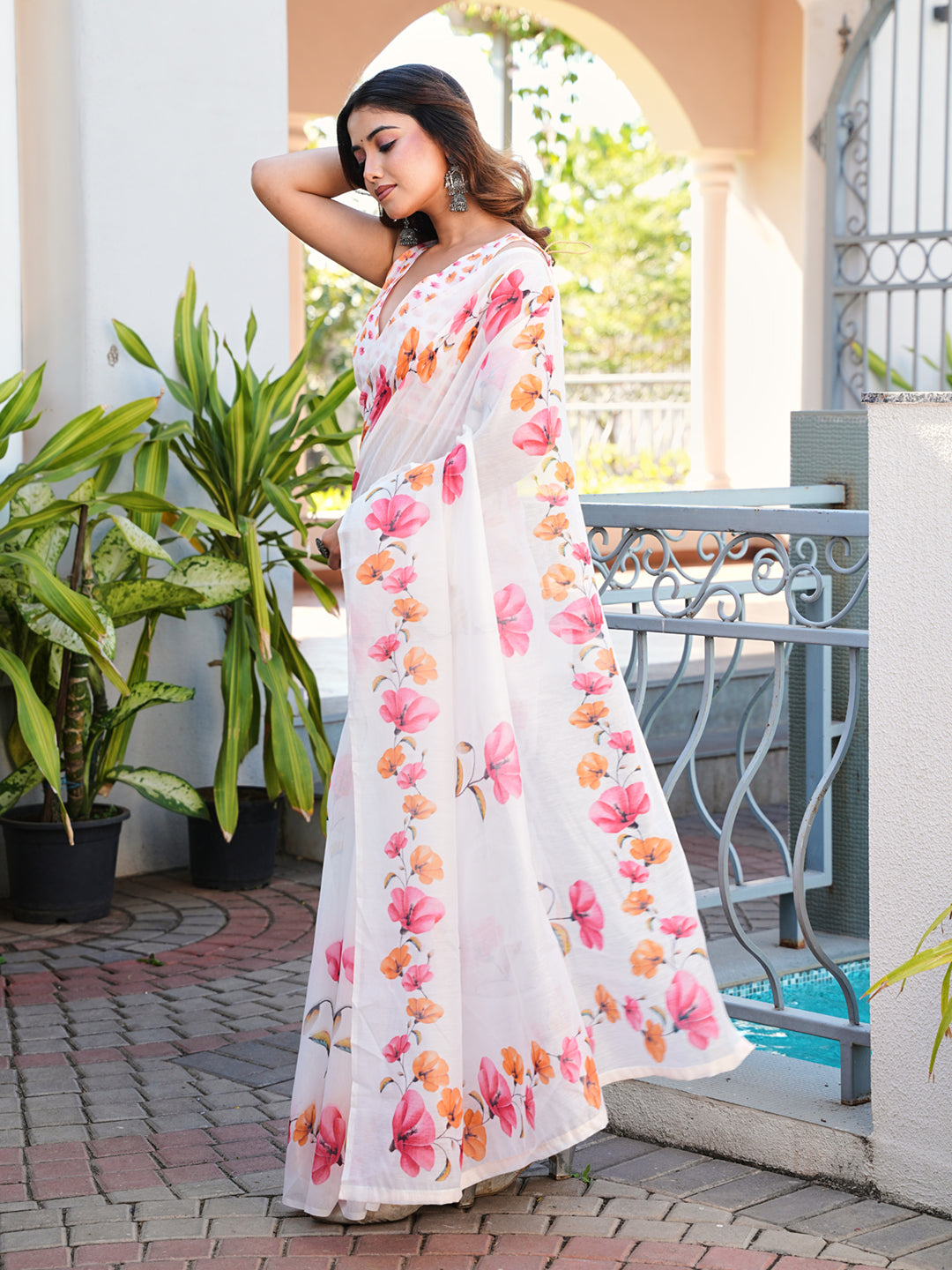 Ready to wear white multicolored floral poly cotton saree