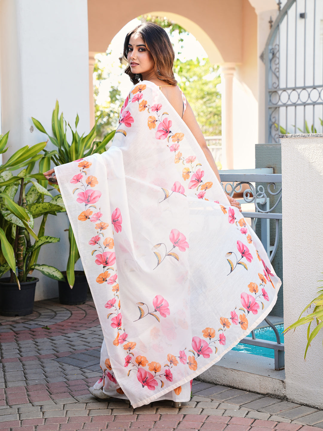 Ready to wear white multicolored floral poly cotton saree