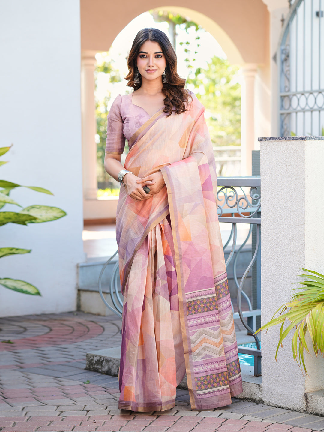 Ready to wear multicolored abstract print poly cotton saree