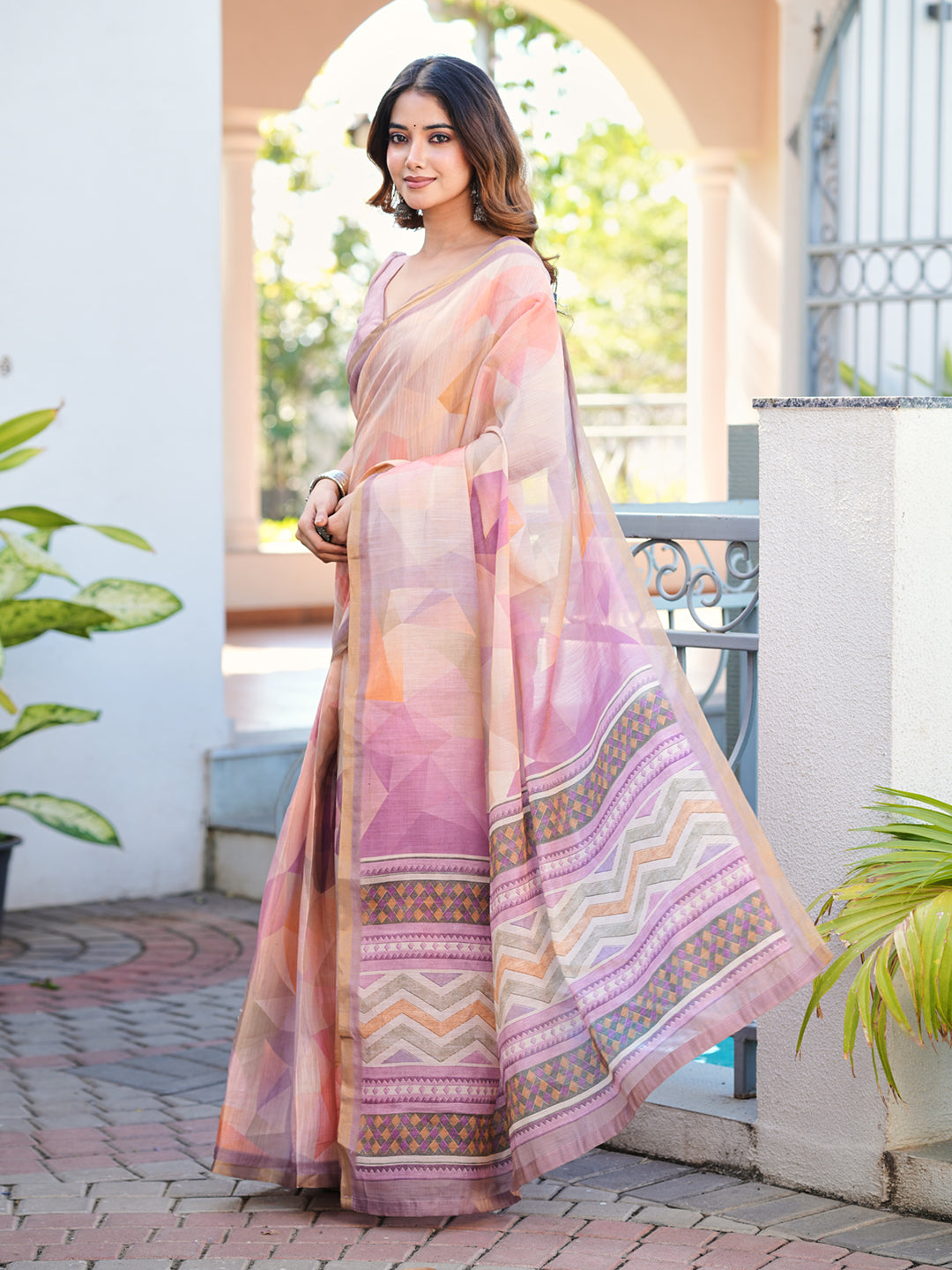 Ready to wear multicolored abstract print poly cotton saree