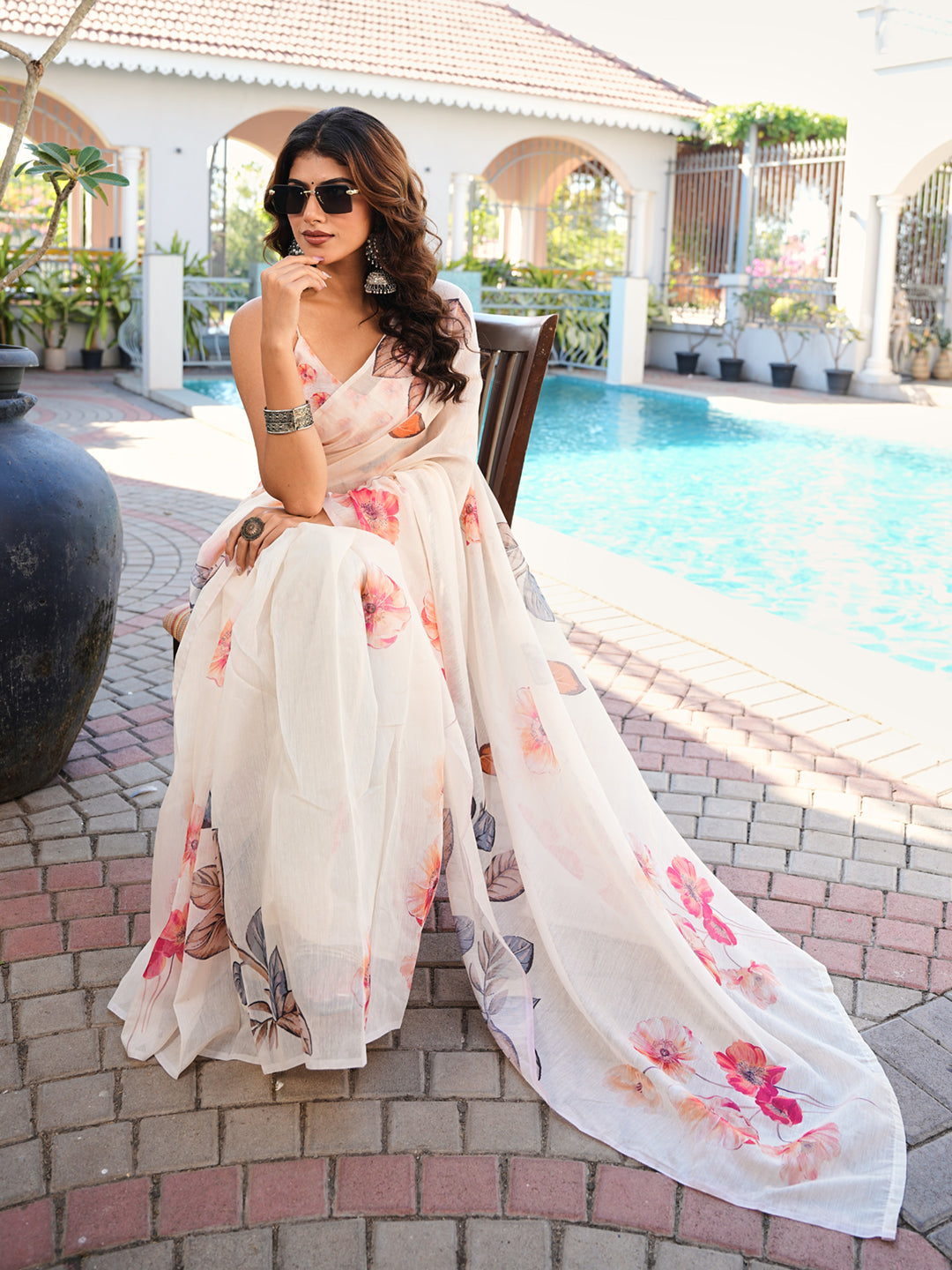 Ready to wear white multicolored floral poly cotton saree