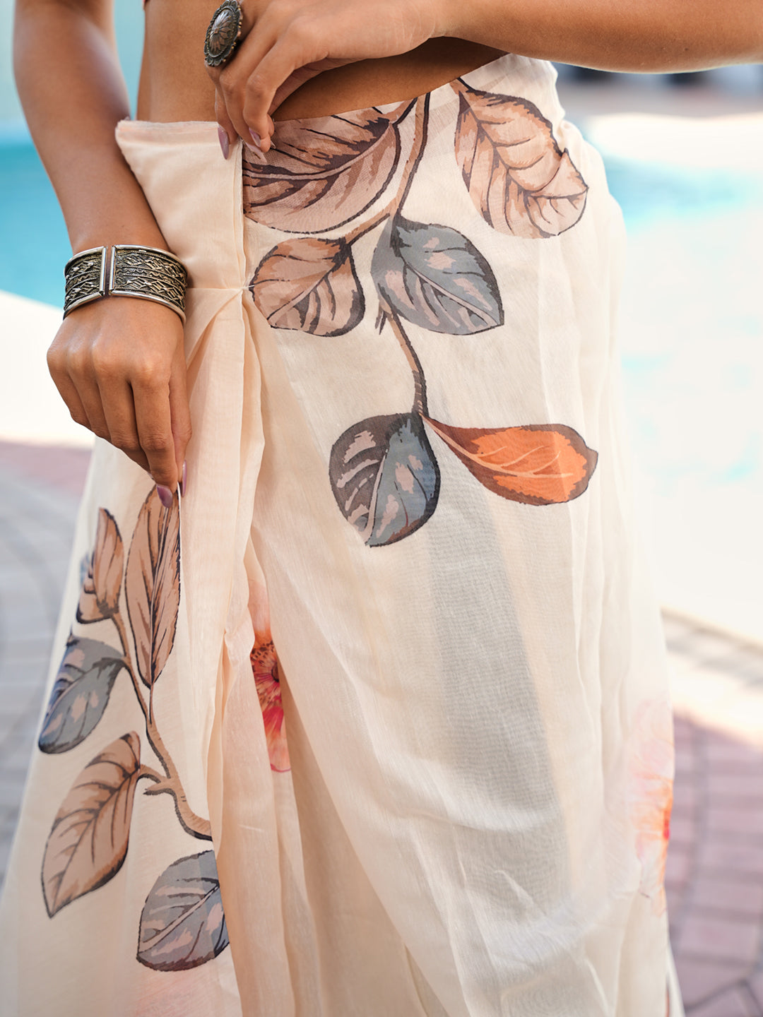Ready to wear white multicolored floral poly cotton saree