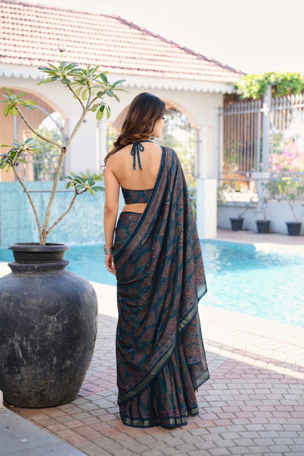 Ready to wear blue colore ajarkh print art silk saree