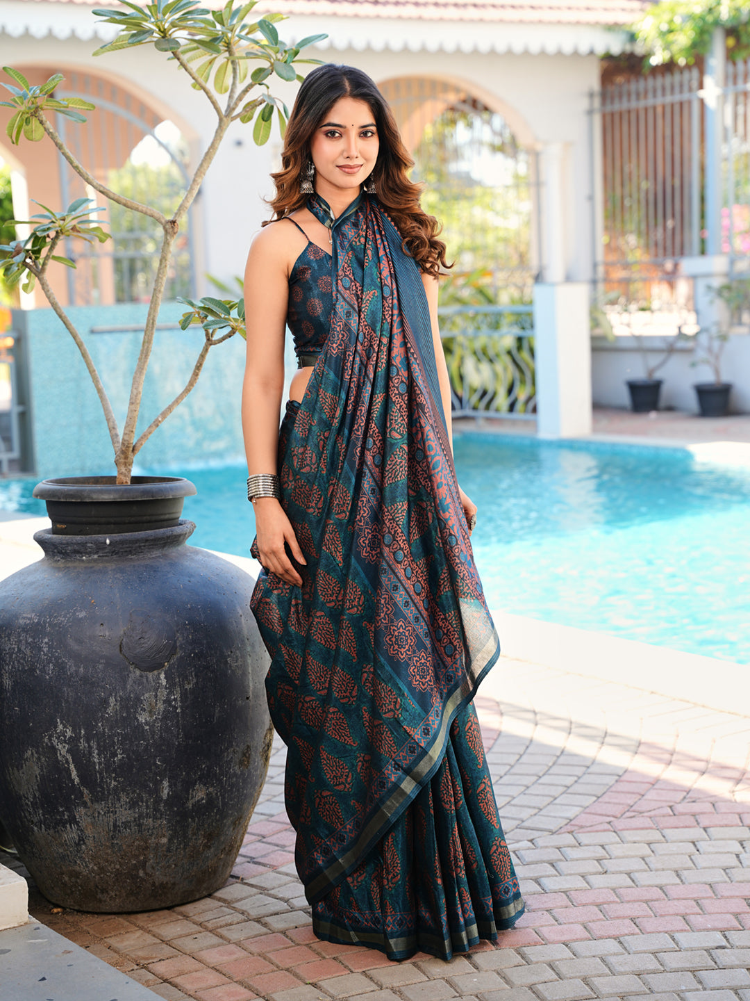 Ready to wear blue colore ajarkh print art silk saree