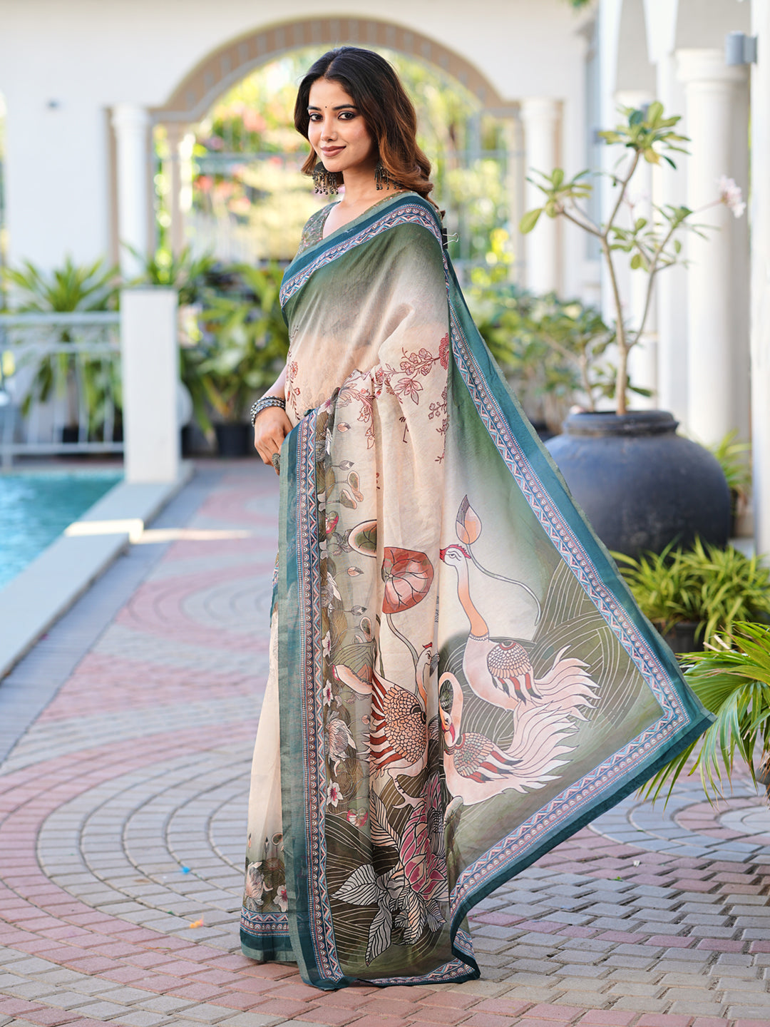 Ready to wear beige colored animal print poly cotton saree
