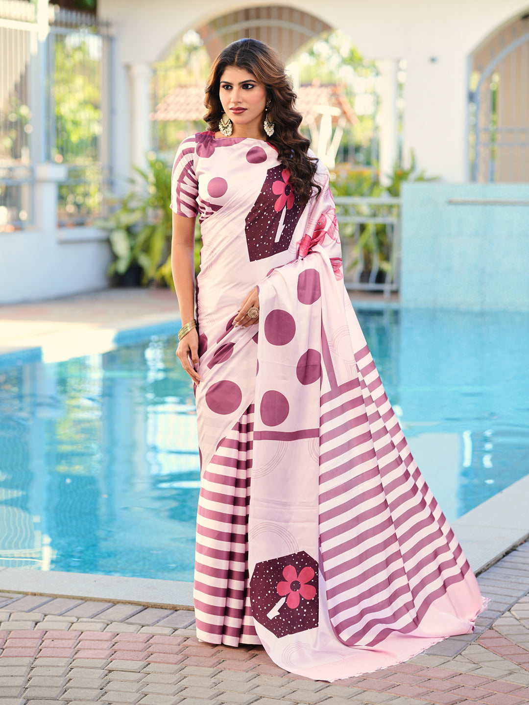 Pink colored digital printed satin saree