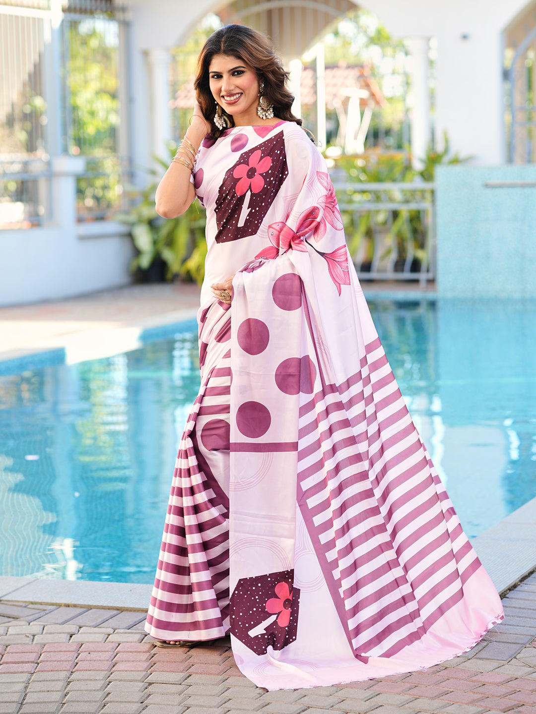Pink colored digital printed satin saree