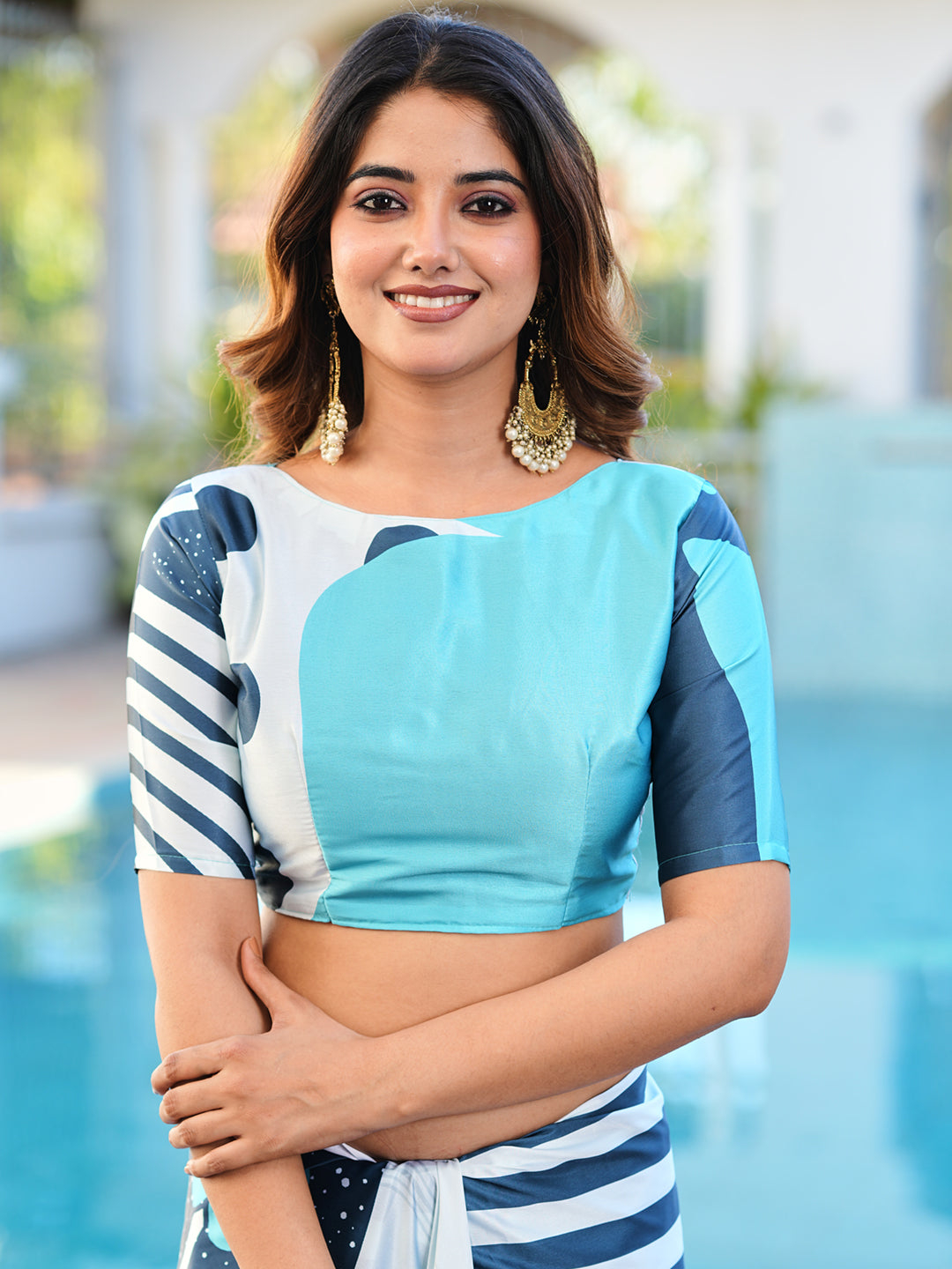 Blue colored digital printed satin saree