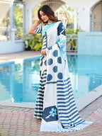 Blue colored digital printed satin saree