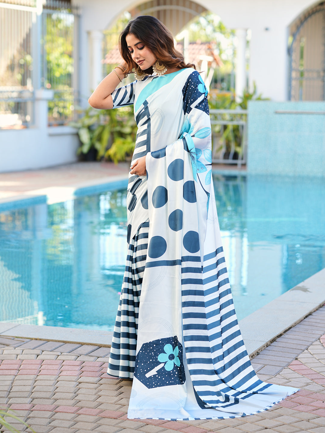 Blue colored digital printed satin saree
