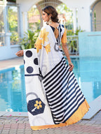 Black colored digital printed satin saree