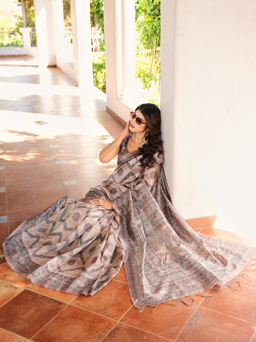 Ready to wear beige colored poly cotton saree
