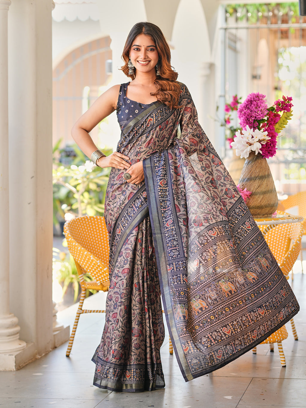 Ready to wear beige and black ajrak print saree