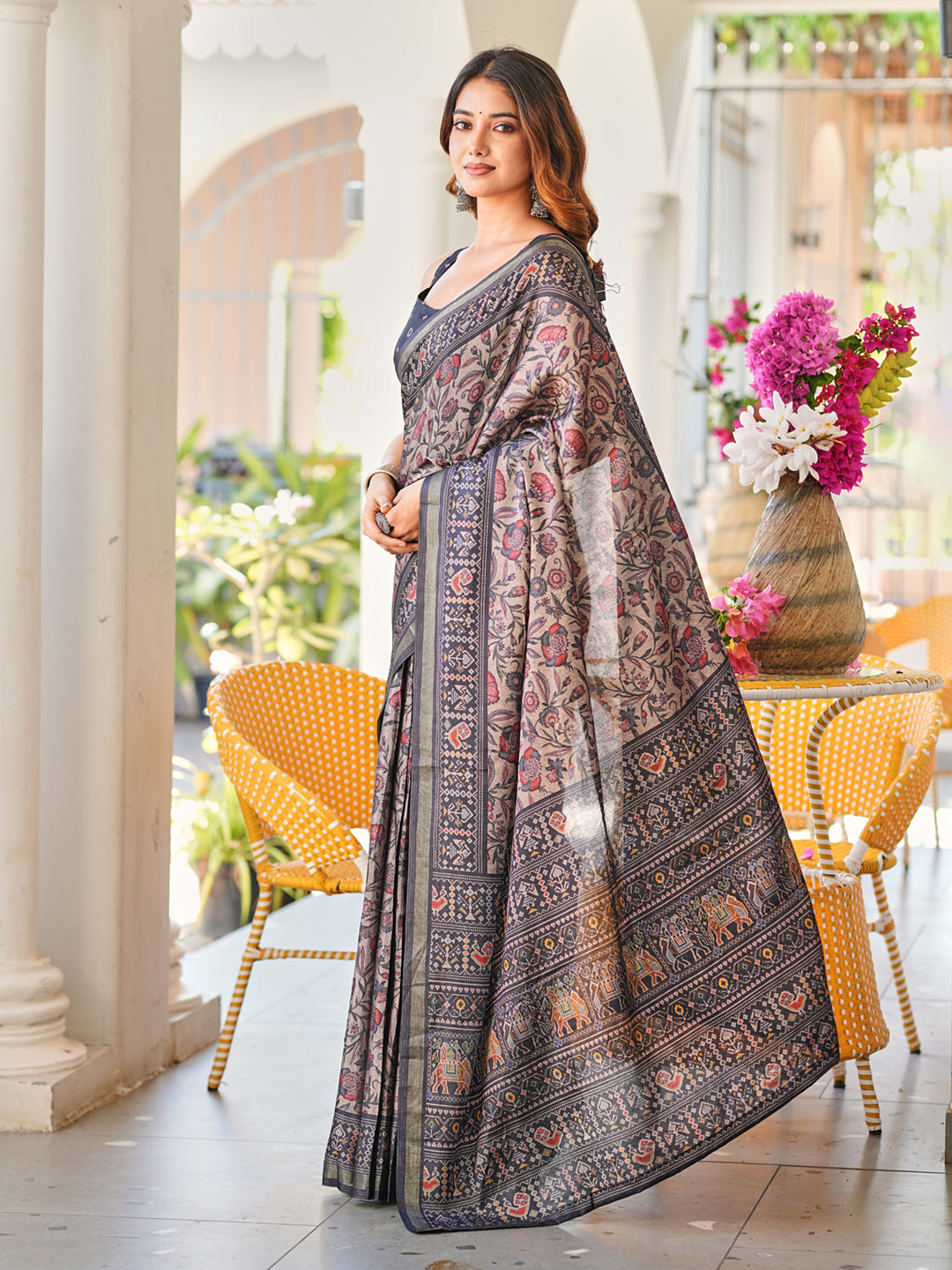 Ready to wear beige and black ajrak print saree