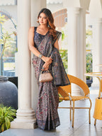 Ready to wear beige and black ajrak print saree