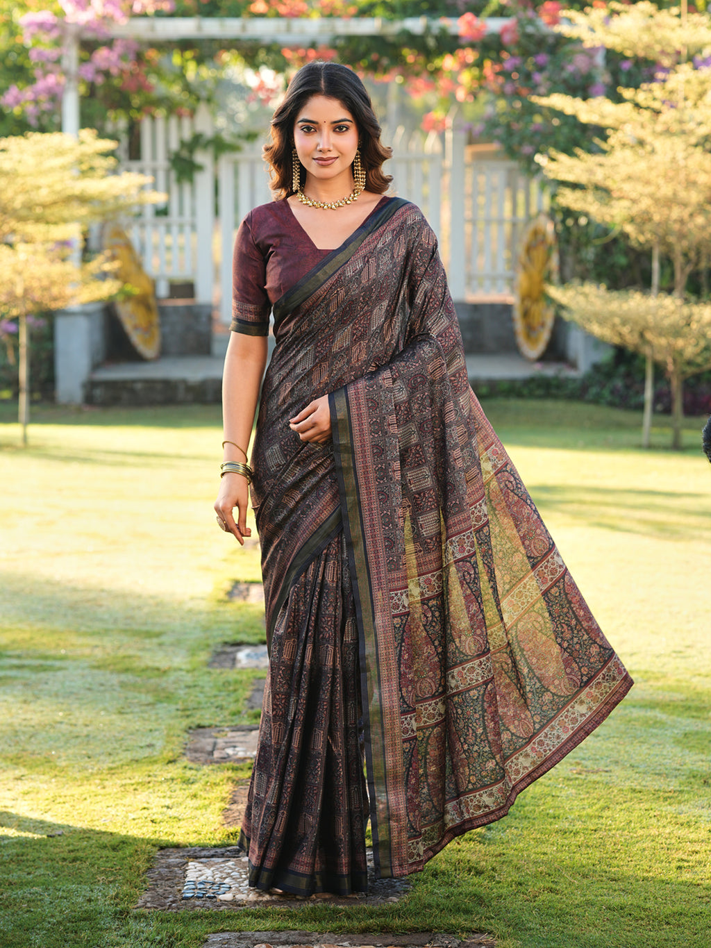 Ready to wear black color ajrak print saree