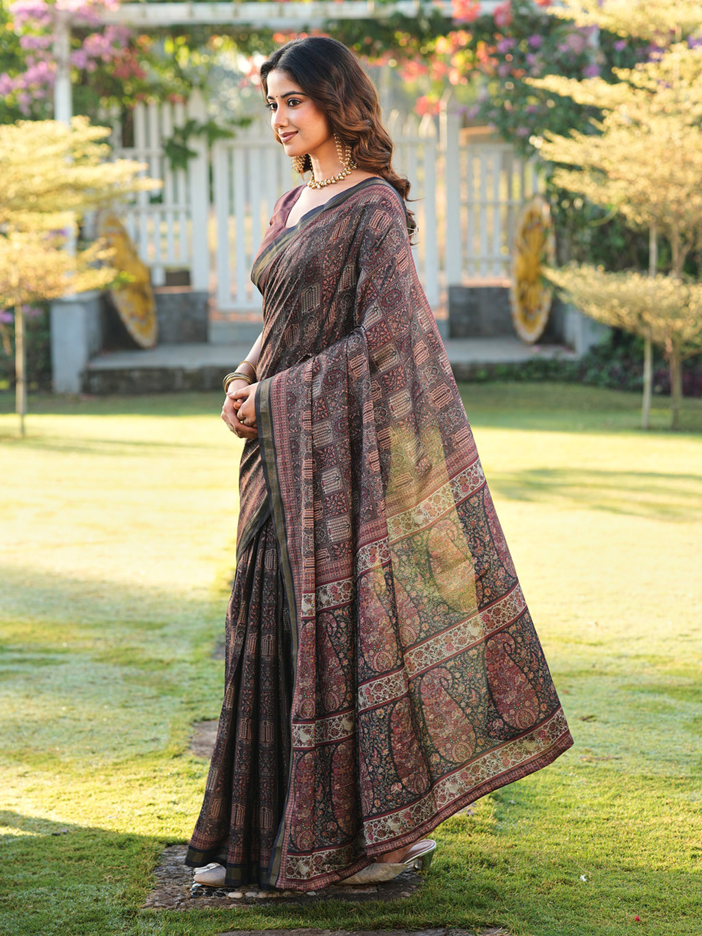 Ready to wear black color ajrak print saree