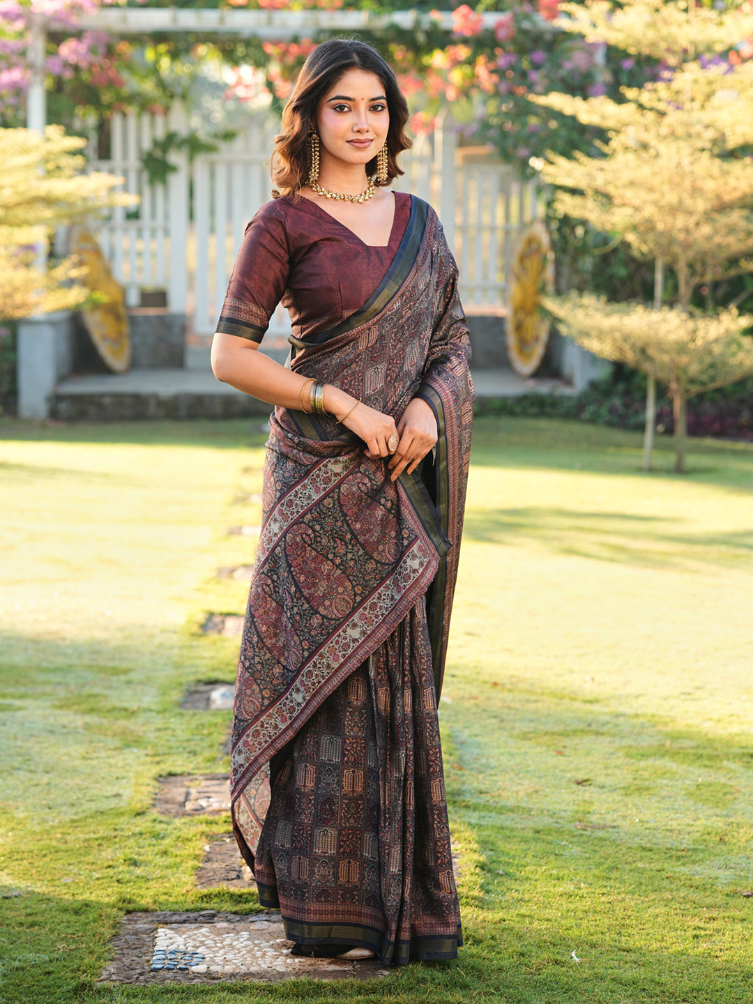 Ready to wear black color ajrak print saree