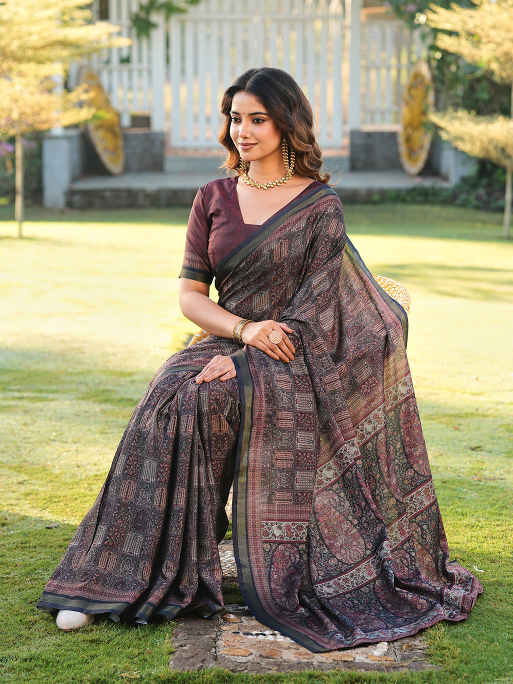 Ready to wear black color ajrak print saree