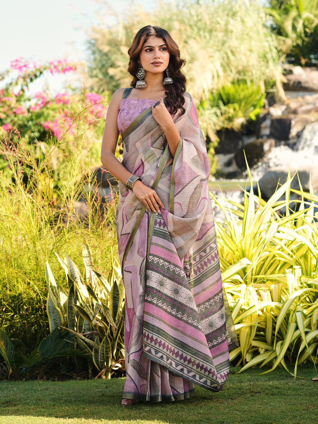 Ready to wear abstract print polycotton shimmer saree