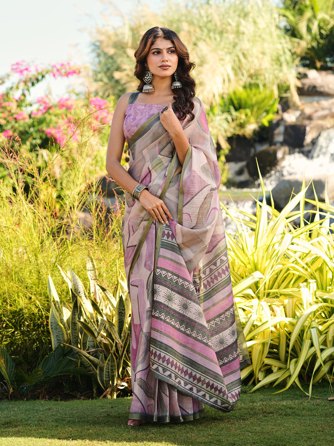 Ready to wear abstract print polycotton shimmer saree
