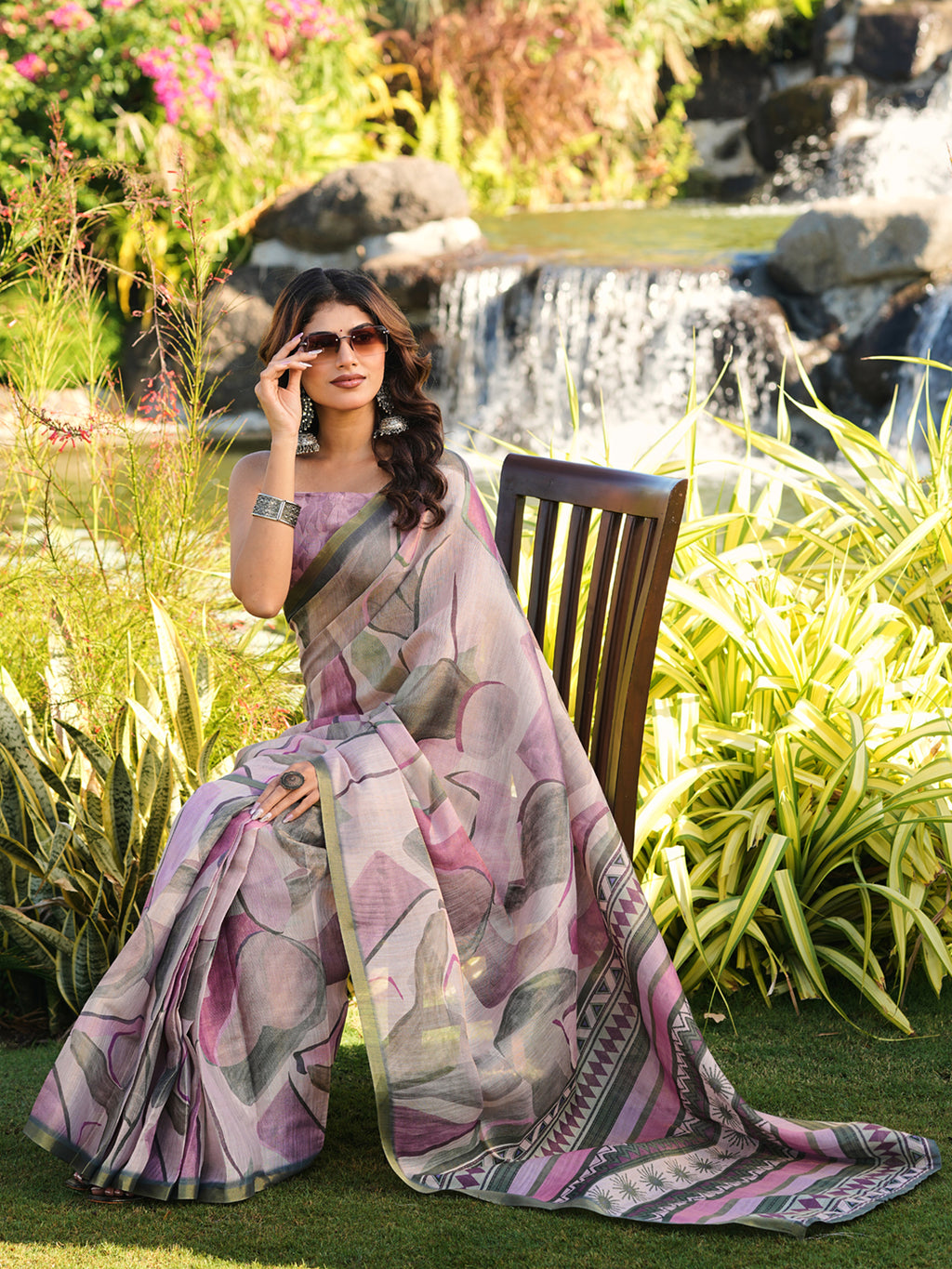 Ready to wear abstract print polycotton shimmer saree