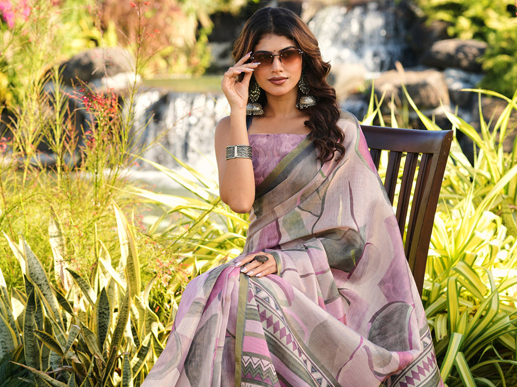 Ready to wear abstract print polycotton shimmer saree