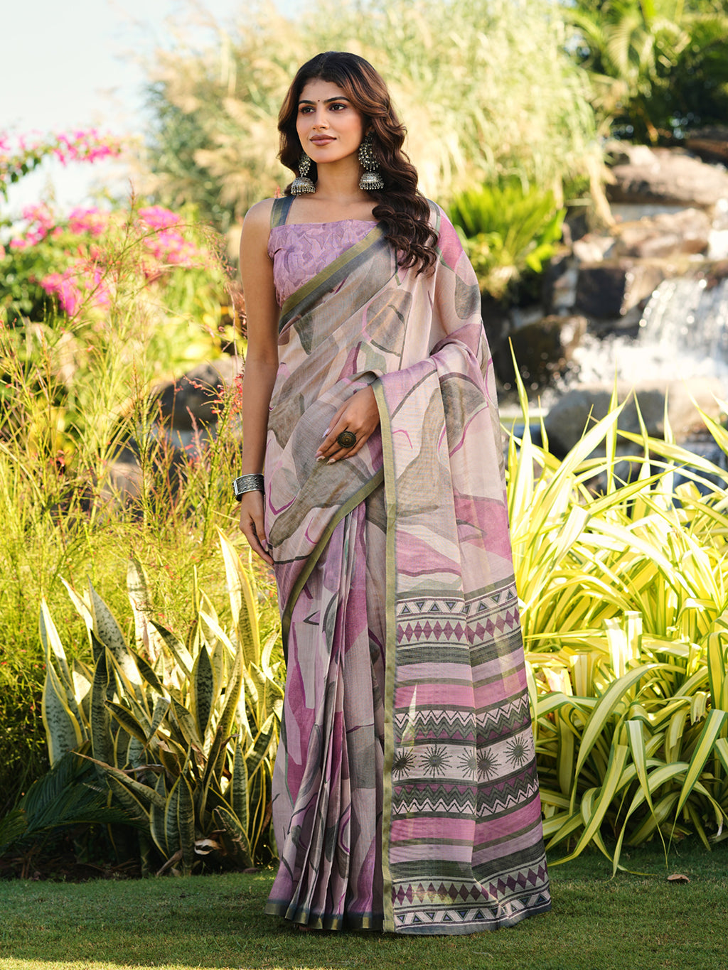 Ready to wear abstract print polycotton shimmer saree