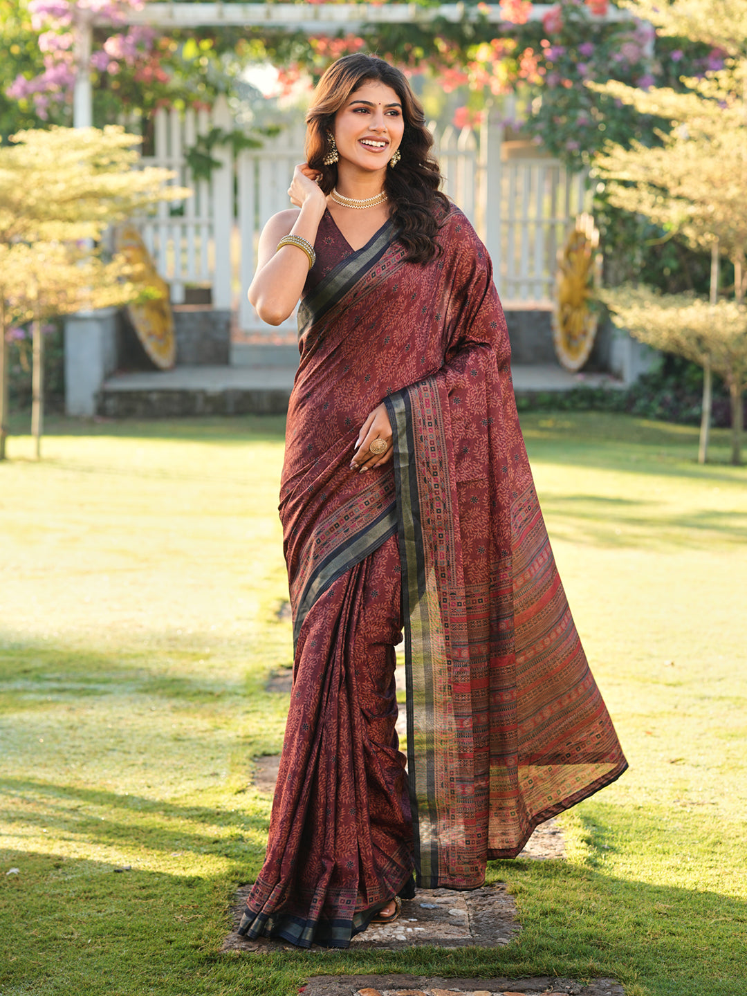 Ready to wear maroon colored bagru print saree