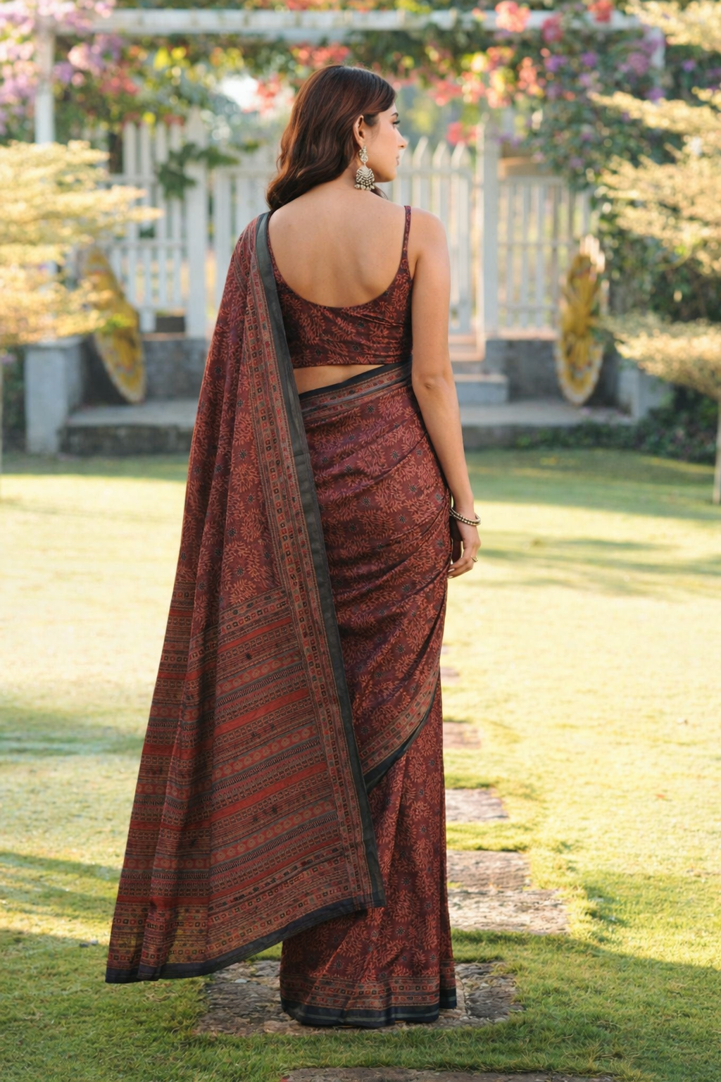 Ready to wear maroon colored bagru print saree