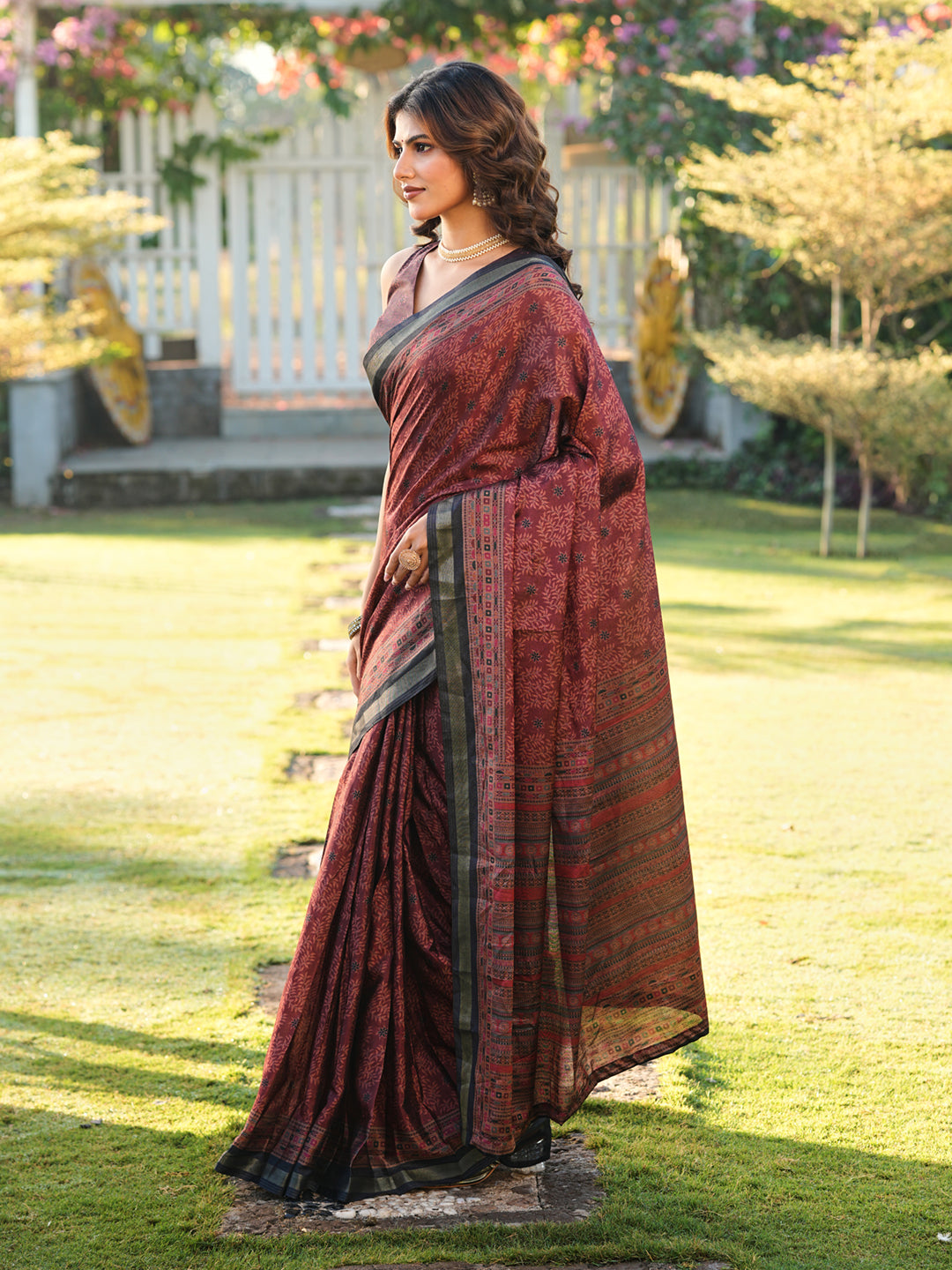 Ready to wear maroon colored bagru print saree