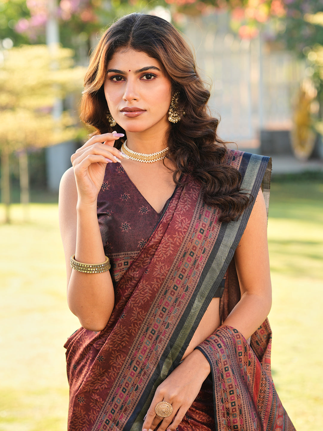 Ready to wear maroon colored bagru print saree